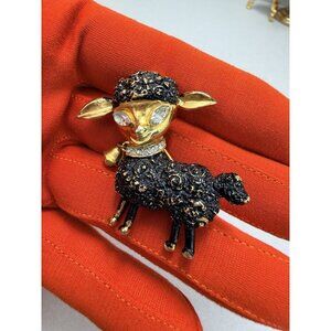 Vintage Robert Mandle Black Lamb Bell Brooch Gold Tone Rhinestone Eyes